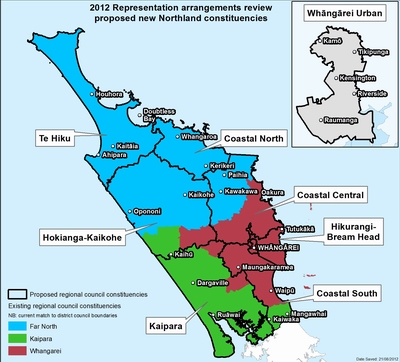 A graphic showing the proposed eight new constituencies the Northland Regional Council is suggesting as part of its proposed representation review.  Current district boundaries &#8211; which the eight new constituencies would replace - are indicated in green (Kaipara), red (Whangarei) and blue (Far North).